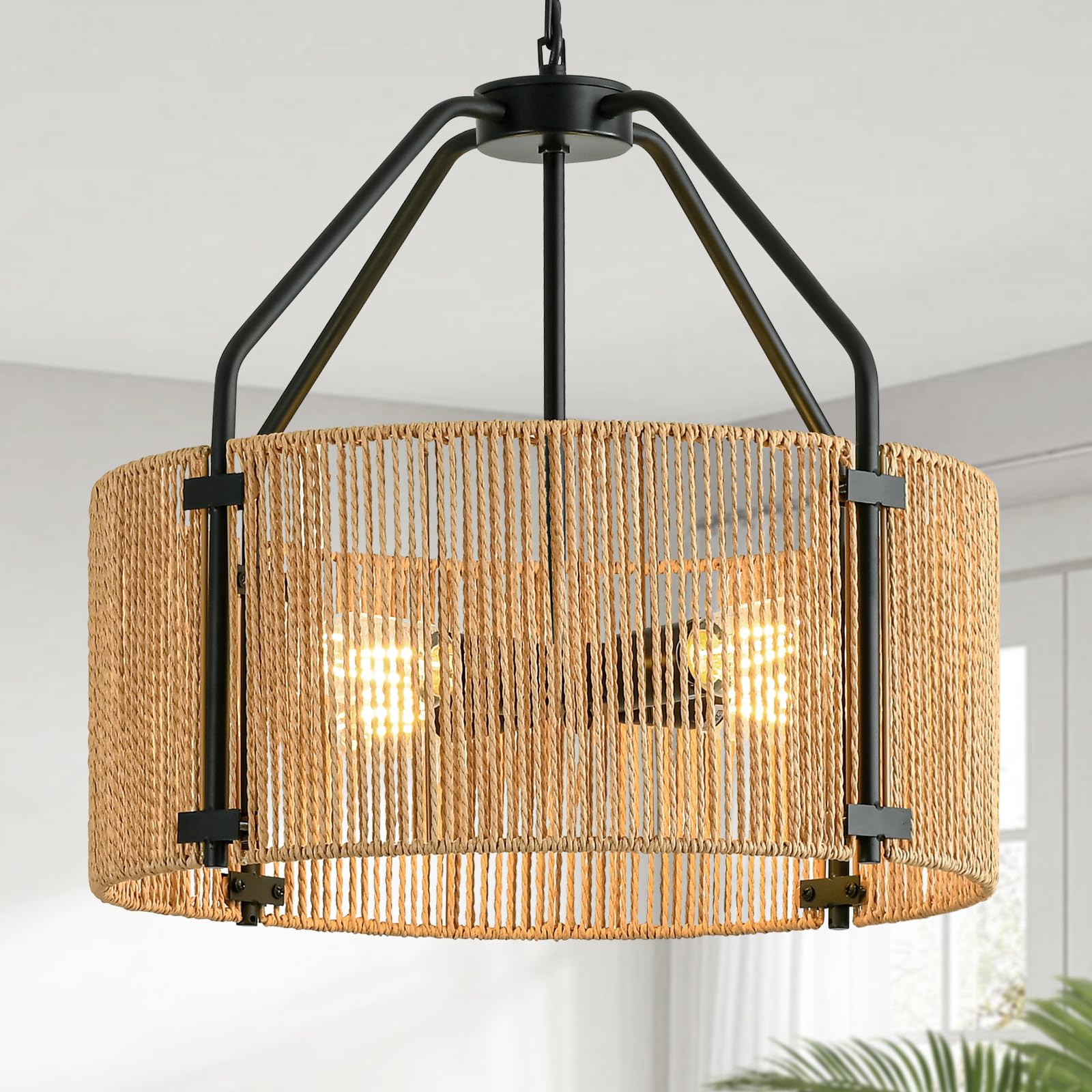 Photo 1 of SupMaka 4-Light Rattan Chandelier, 17.8" Boho Large Pendant Light with Wicker Shade, Farmhouse Drum Hand Woven Chandelier for Dining Room, Living Room, Bedroom, Kitchen Island, Foyer, Entryway, E26