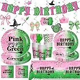 138 Pcs Pink and Green Party Decorations, Pink Goes Good with Green Banner Hanging Swirls Plates Napkins Straws Forks Cups Tablecloth for Witch Birthday Party Supplies Boys and Girl Birthday Decor