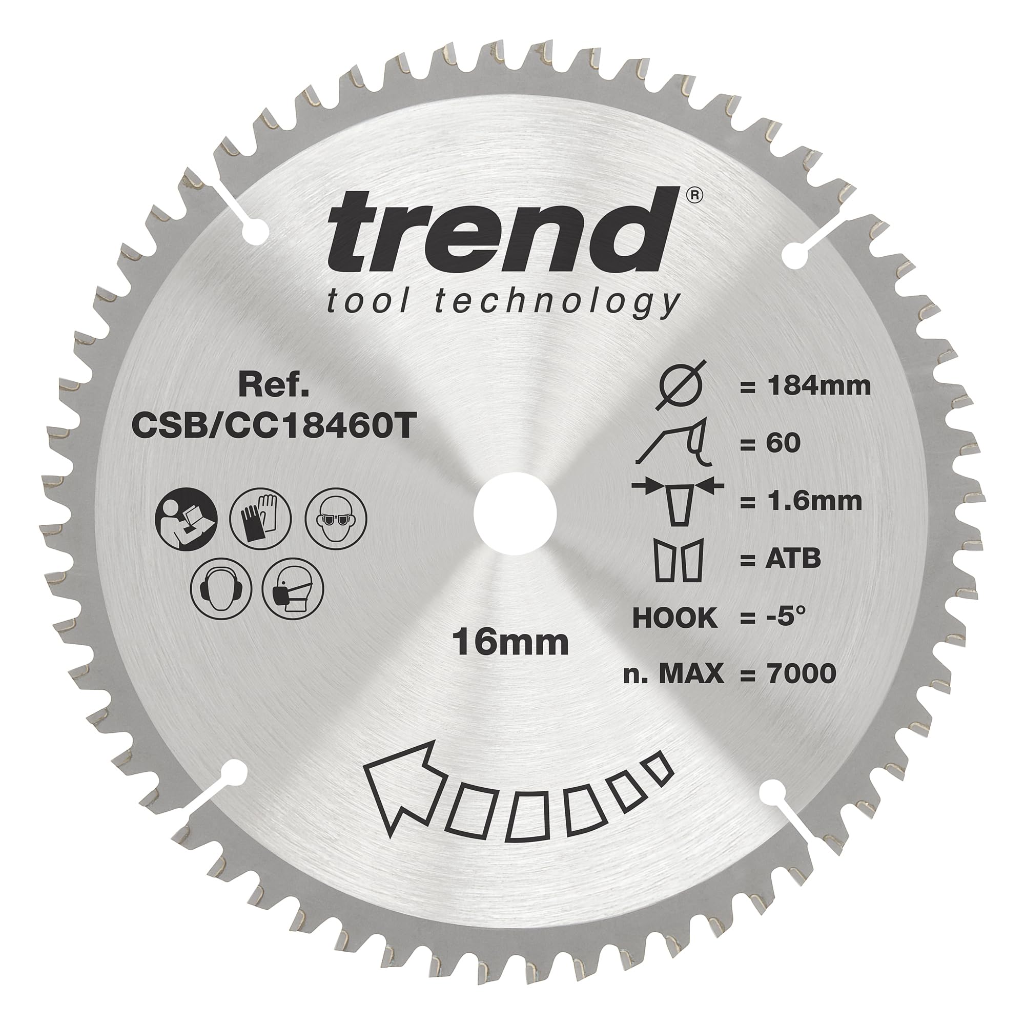 Trend Wood Cordless Mitre Saw Blade, 184mm Diameter, 16mm Bore, 60 Teeth, 1.6mm Kerf, -5° Hook, TCT, Extra-Fine Finish, CSB/CC18460T