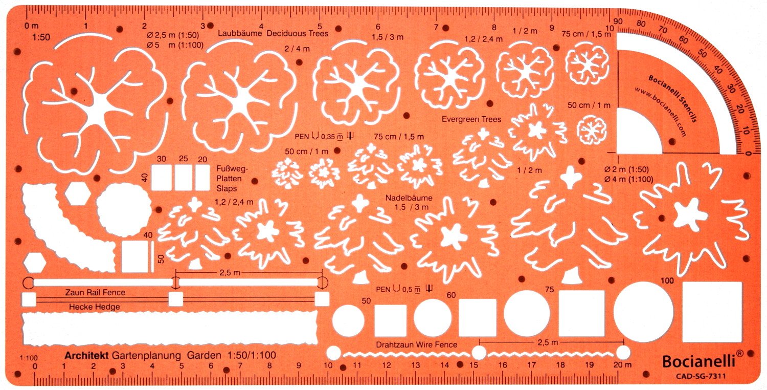 1:50 and 1:100 Scale Landscape Design Stencil Architectural Planning Symbols Garden Plants Architect Drawing Template