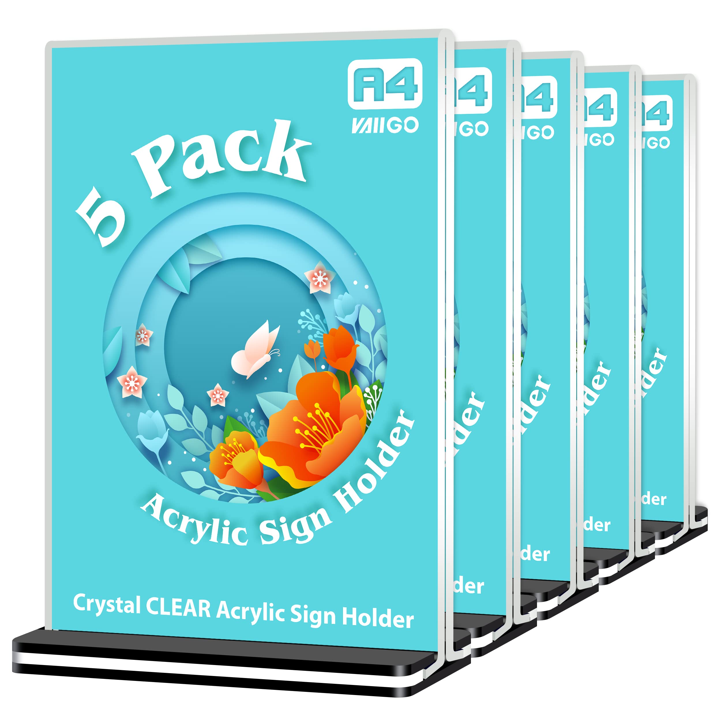 VAIIGO A4 Acrylic Sign Holder - A4 Perspex Display Stand, Double Sided Poster Menu Holder for Table, Restaurant, Hotel, Store, Office, Bar, Menu, Promotions, Documents Sign Holder (Black, 5Pack)