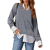 Oyamiki Women's Casual Collared Curved Hem 2 in 1 Pullover Tops Plaid Contrast Shirt Blouse