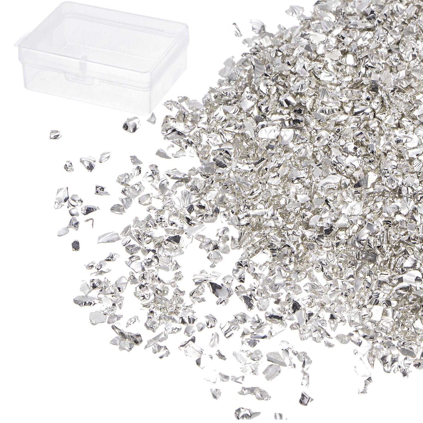 Kozelo Crushed Glass Chips - [1-3mm x 50g] Irregular Metallic Glass Silver Tone for DIY Decoration Nail Art Use, Electroplated Surface