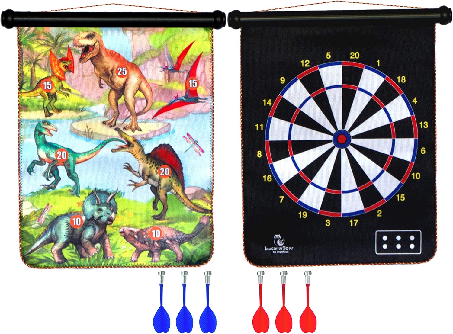 Dinosaur Magnetic Dart Board Game Set for Kids and Adults | 17 x 14 inch Double Sided Dartboard and 6 Magnetic Darts | Dinosaur Theme on Front and Standard Board on Reverse | Indoor and Outdoor Play : Sports & Outdoors