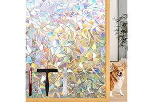 Lovepea Rainbow Window Privacy Film with Installation Tools, 3D Decorative, Stained Glass Decals, Removable, Peep-Proof, Static Cling, Heat Control, UV Protection (17.5 x 78.7 Inch)