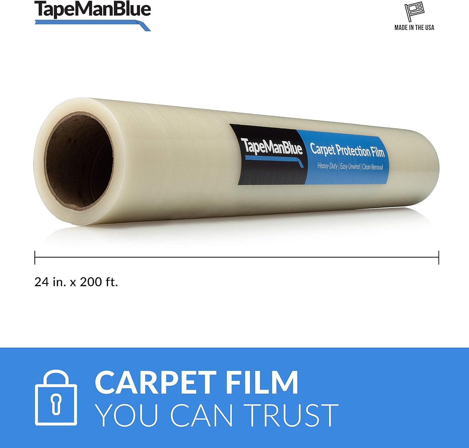 Carpet Protection Film 24" x 200' roll. Made in The USA! Easy Unwind, Clean Removal, Strongest and Most Durable Carpet Protector. Clear, Self-Adhesive Surface Protective Film. - - 