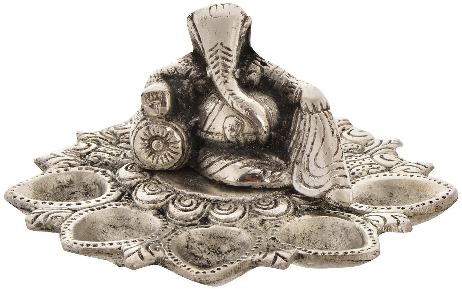 Purpledip White Metal Pooja Thali with 5 Diyas and Ganpati Statue, Indian gift ideas (10177)