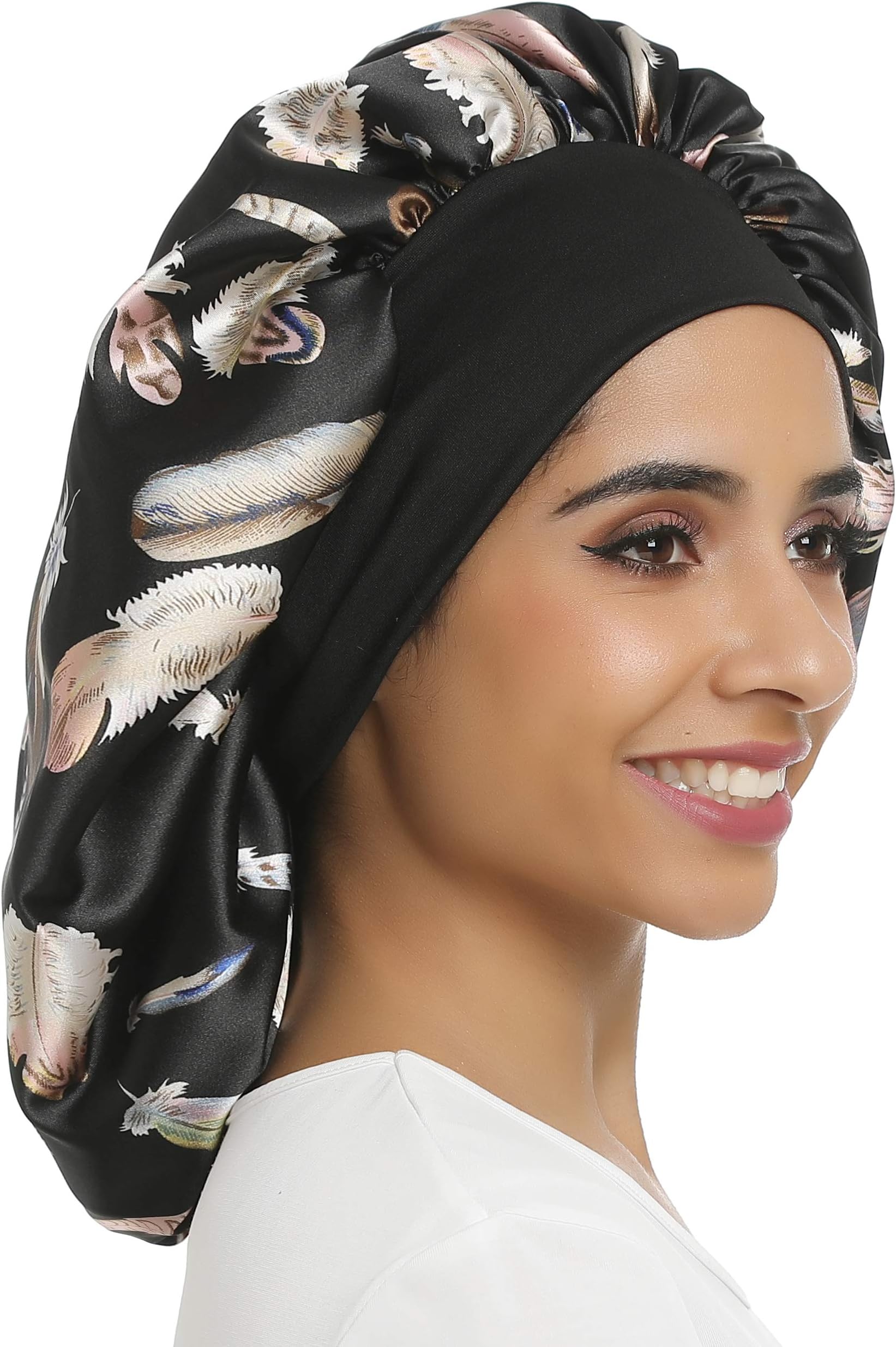 Large Satin Bonnet Double Layer Sleep cap Printing Sliky bonnet Wide Elastic Band for Women Haircare,Curly Natural Long Hair(Double layer-Black leaf)