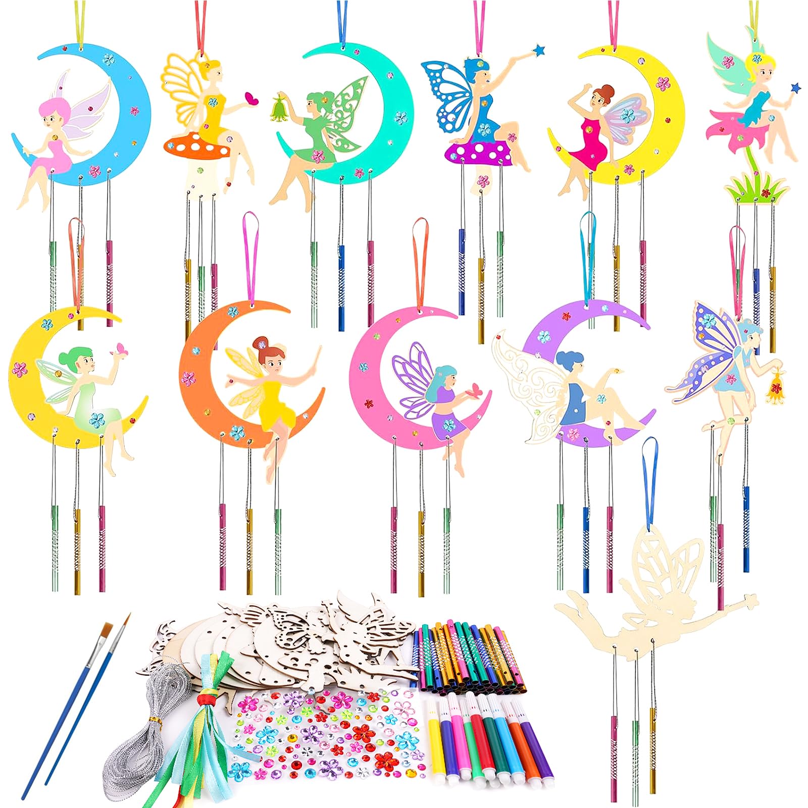 Ainiv 12 Pack Fairy Craft Kit, DIY Wooden Fairy Windchimes Crafts Kit, DIY Arts and Crafts for Gifts Crafting Party Activities Home Window Garden Decor