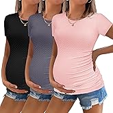 Ekouaer Womens Maternity Shirts 3 Packs Round Neck Short Sleeve Side Ruched Swiss Dot T Shirt Tops S-XXL
