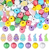 200 Pieces Easter Wood Beads Colorful Round Craft Bead Flower Stripe Dot Wood Egg Craft Bunny and Carrot DIY Yellow Green White Purple