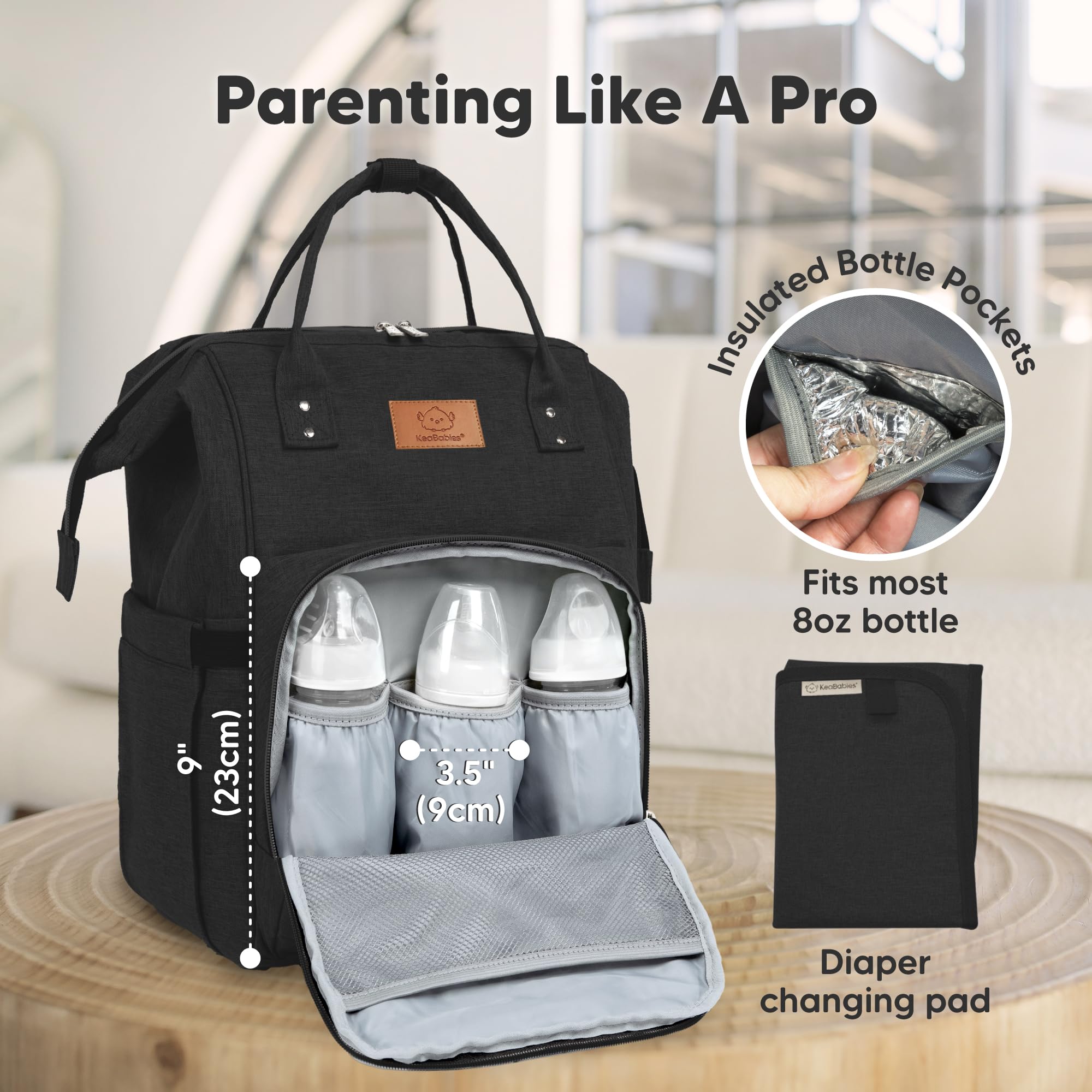 KeaBabies Baby Diaper Bag Backpack - Large Baby Bag for Boys, Girls, Waterproof Multi Function Travel Diaper Backpack with Changing Pad, Durable Travel Essentials for Moms and Dads (Trendy Black)