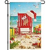 IVN Christmas Beach Santa Hat And Gifts On Sand Coarse Linen Garden Flag 12x18inch Linen Double-Sided Outdoor Yard Flag Suitable for Porches and Yards