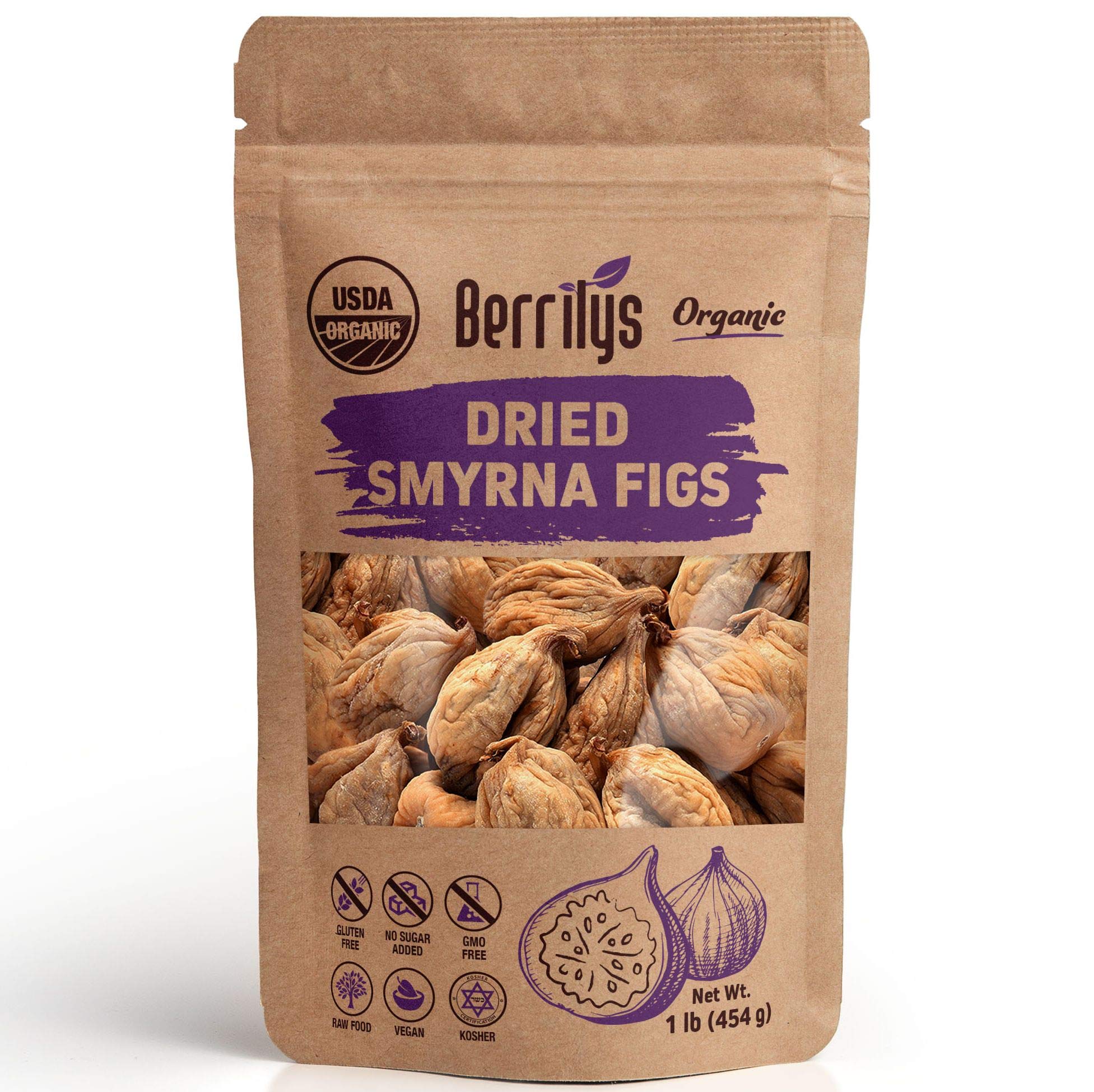 Berrilys Organic Dried Figs, Smyrna, Non-GMO, No Additives, No Preservatives, Raw, 1 lb,