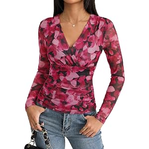 GRACE KARIN Womens Boho Mesh Tops Long Sleeve Blouses Dressy Casual | Wrap V Neck Floral Tops, Ruched Waist, 2026 Fall Fashio