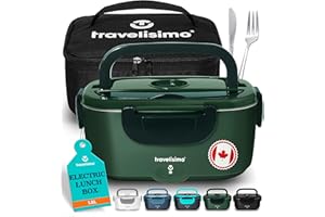 TRAVELISIMO Electric Lunch Box Food Heater, 100W 1.5L Portable Microwave 12V/24V/110V Heated Lunch Box for Men & Women, Stain