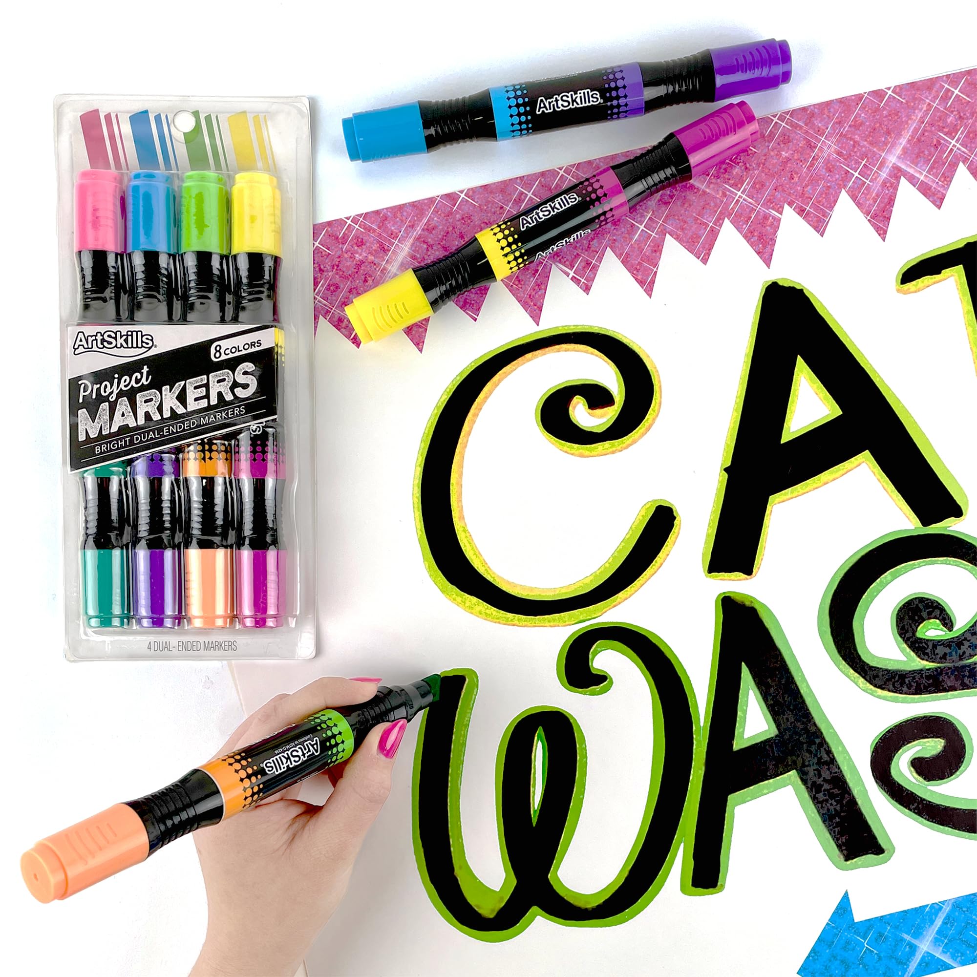 ArtSkills Jumbo Poster Markers for Kids, Neon Chisel Tip Markers, Dual-Tips, 8 Neon Colors, 4ct