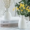 Tanvecle White Ceramic Vase Set - 2 Small Vases with Handle, Pottery Vases for Modern Home Decor, Minimalist Matte Pitcher for Fowers, Decorative Clay Vase Centerpiece Dining Table Decorations