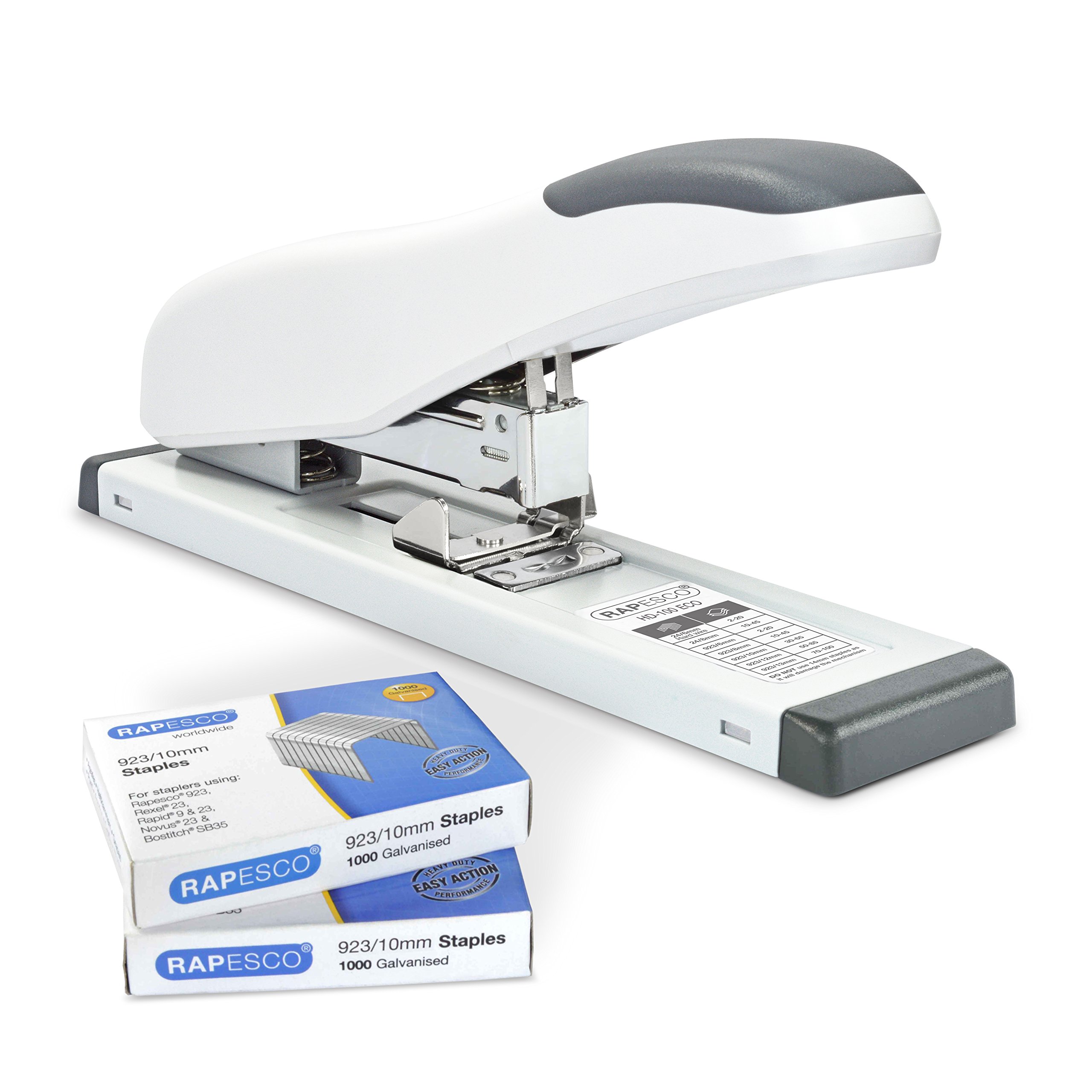 Rapesco 1391 ECO HD-100 Heavy-Duty Stapler with 2000 Type 923/10mm Staples, 100 Sheet Capacity, Soft White