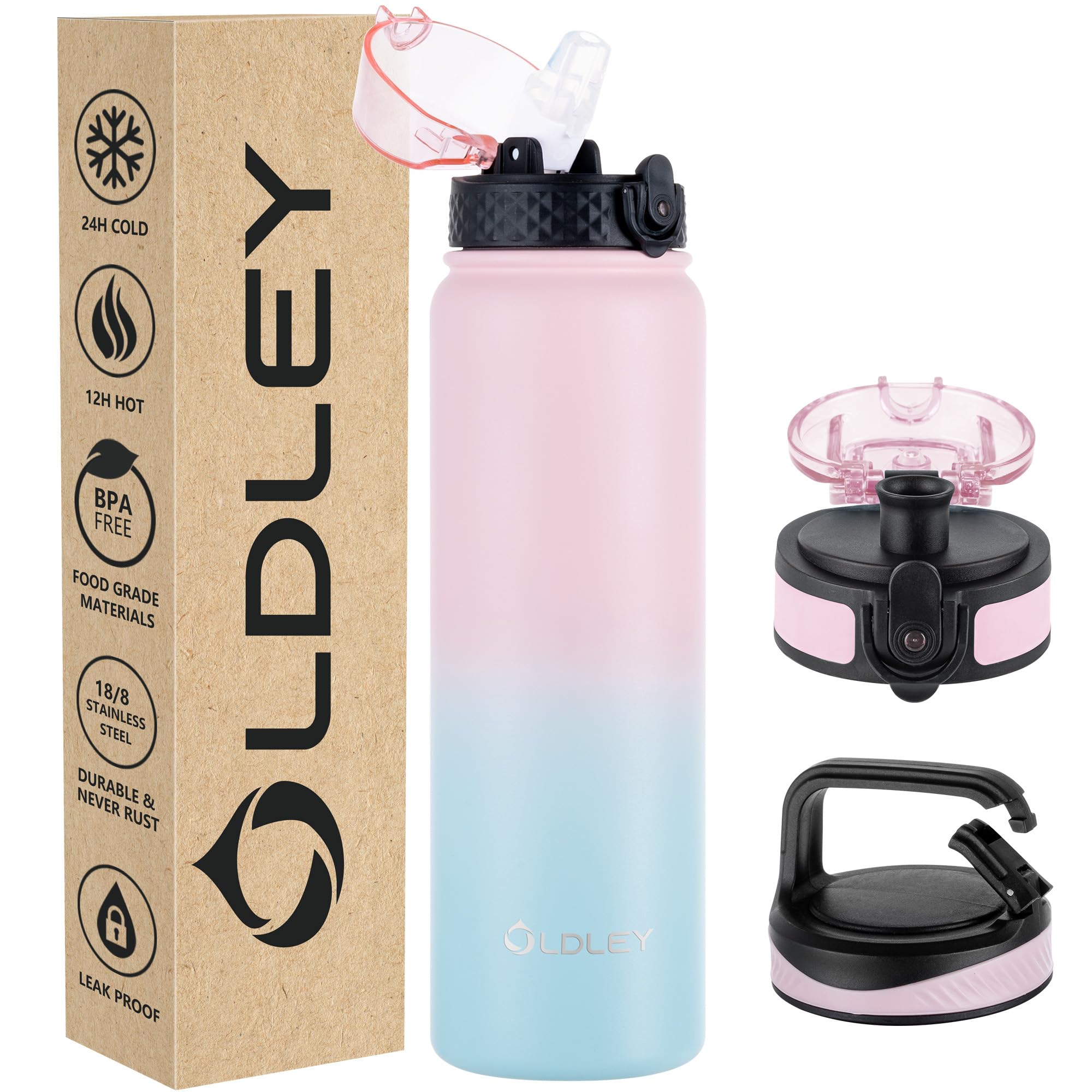 OLDLEY Stainless Steel Water Bottle with Straw 1L Vaccum Insulated Large Drink Flask Metal Water Bottles 1 Litre Leakproof Keep Drinks Hot Cold for Sports Gym with Different Lids(Pink Blue, 3 Lids) — image 1