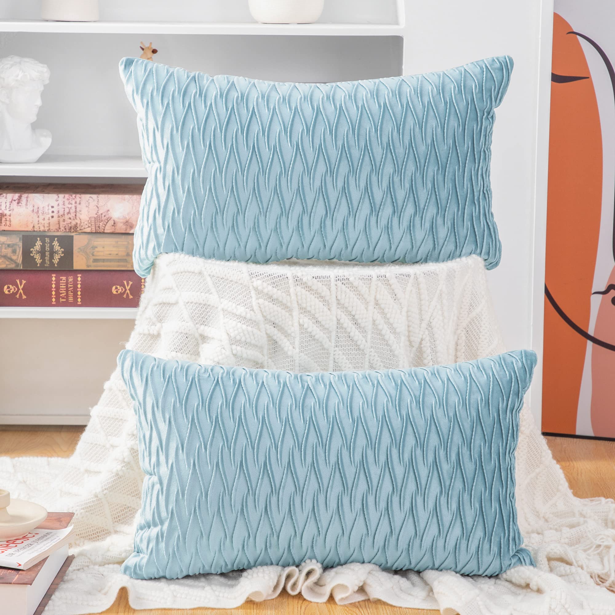 Madizz Pack of 2 Super Soft Velvet Decorative Cushion Covers with Texture Luxury Style Throw Pillow Cases Pillow Shell for Sofa Bedroom Light Blue 12x20 inch Rectangular