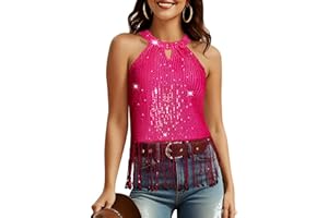 Aupuls Halter Fringe Country Concert Outfits for Women Sequin Disco Tops Western Cowgirl Outfit