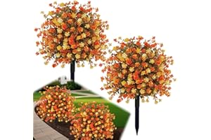 YUGYUM 2 Pack Fall Artificial Topiary Ball Trees with Ground Spike,23 Inches UV Resistant Faux Shrubs, Fake Evergreen Artificial Plants Flowers Bush for Outdoor Indoor Front Porch Garden Autumn Decor
