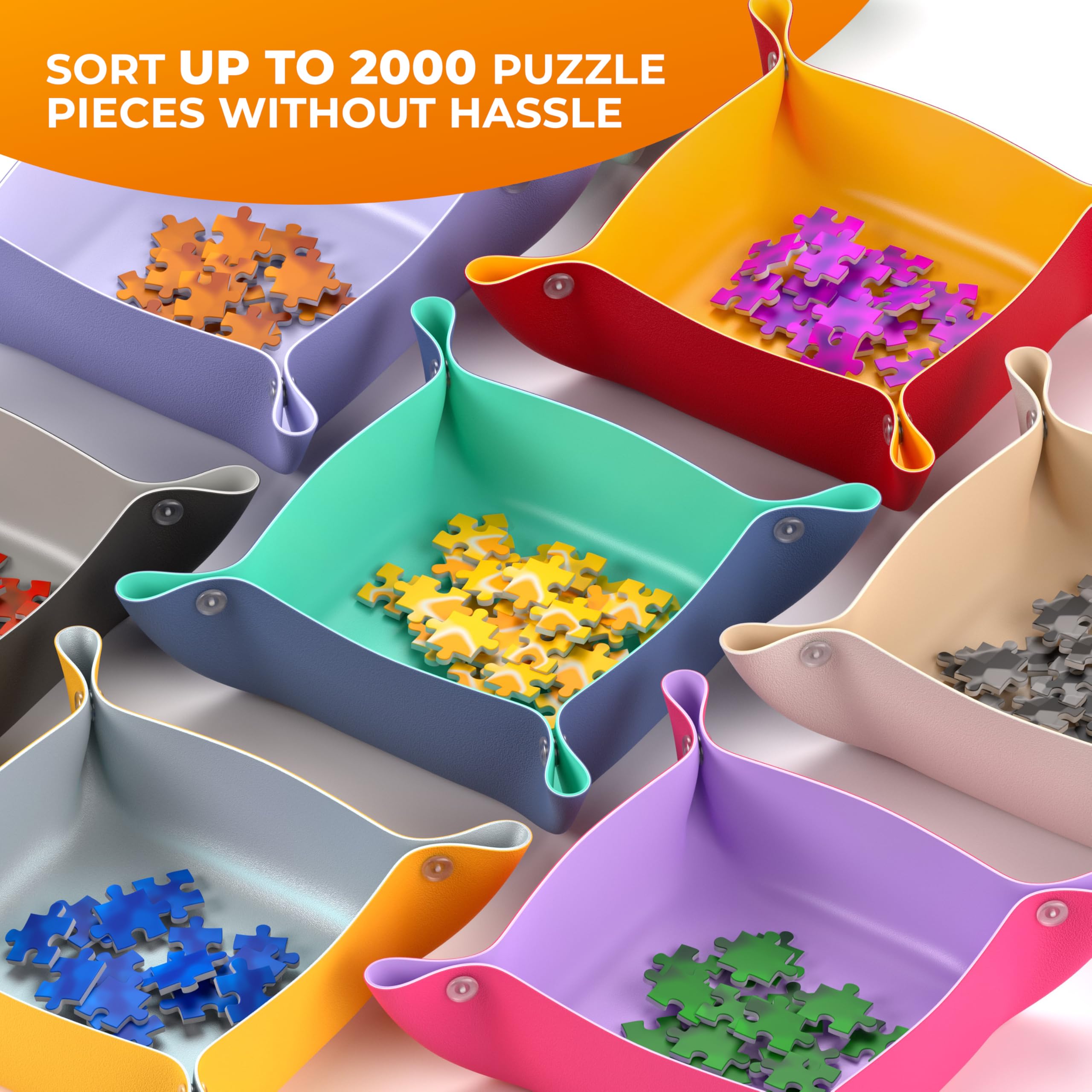 Newverest All-You-Need Puzzle Set: 8 Puzzle Sorting Trays for up to 2000 Pieces, 6 Glue Sheets, 1 Large Scraper & 2 Adhesive Hangers in Gift-Ready Packaging – Must-Have Saver Kit for Puzzle Lovers