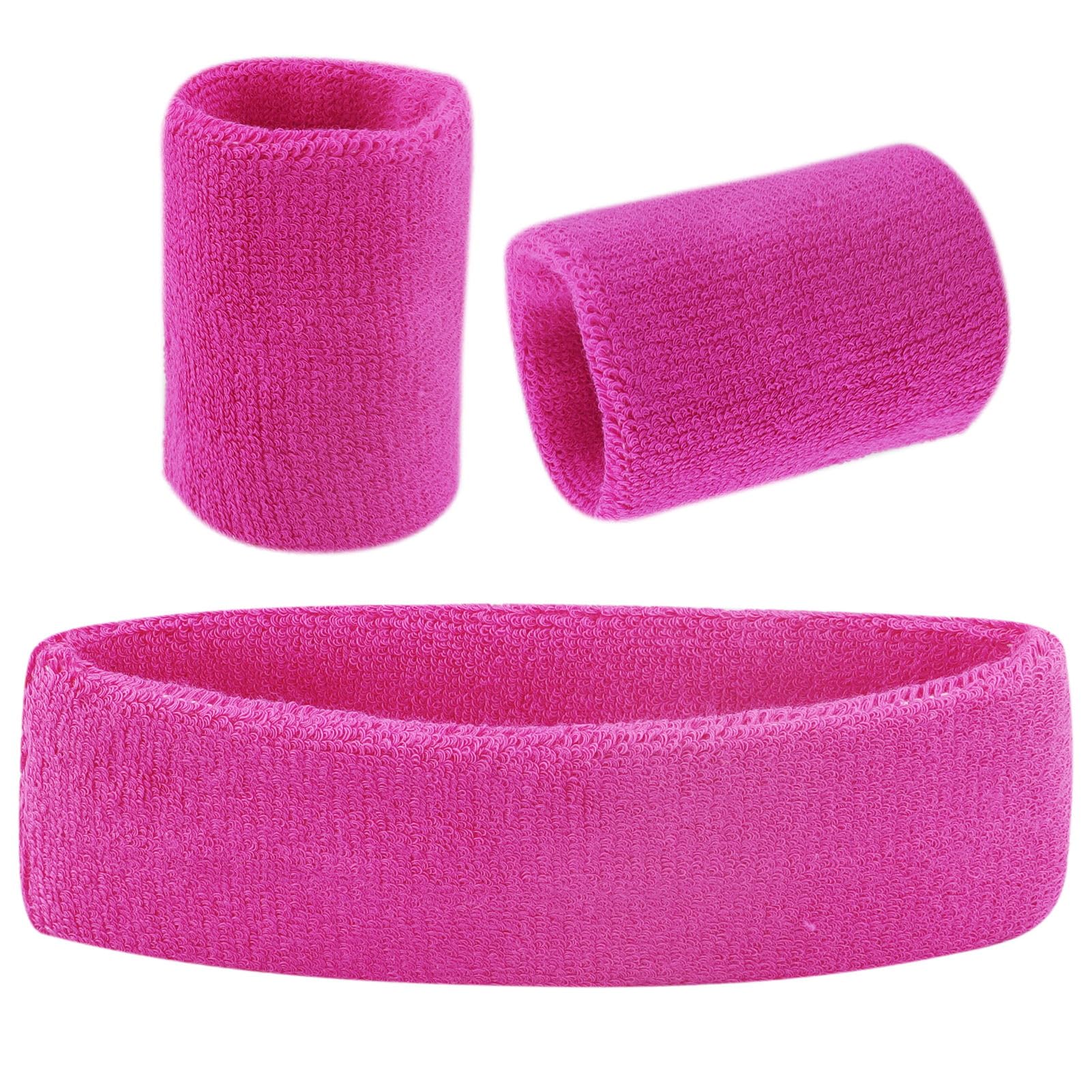 3 Pcs Pink Sweatbands Set with Sports Headband Wristbands, Girls Soft Thickened Terry Cotton Headband Wristband Set, Athletic Cloth Children Sport Sweat Bands for Kids (1 Headband & 2 Wristbands)