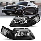 JSBOYAT OE Style Halogen Headlight Assembly for 1999 to 2004 Ford Mustang | 30+ Years Factory Tech, Anti-Fog Waterproof Replacement; Black Housing, Clear Reflector, Bulbs Not Included, Pair
