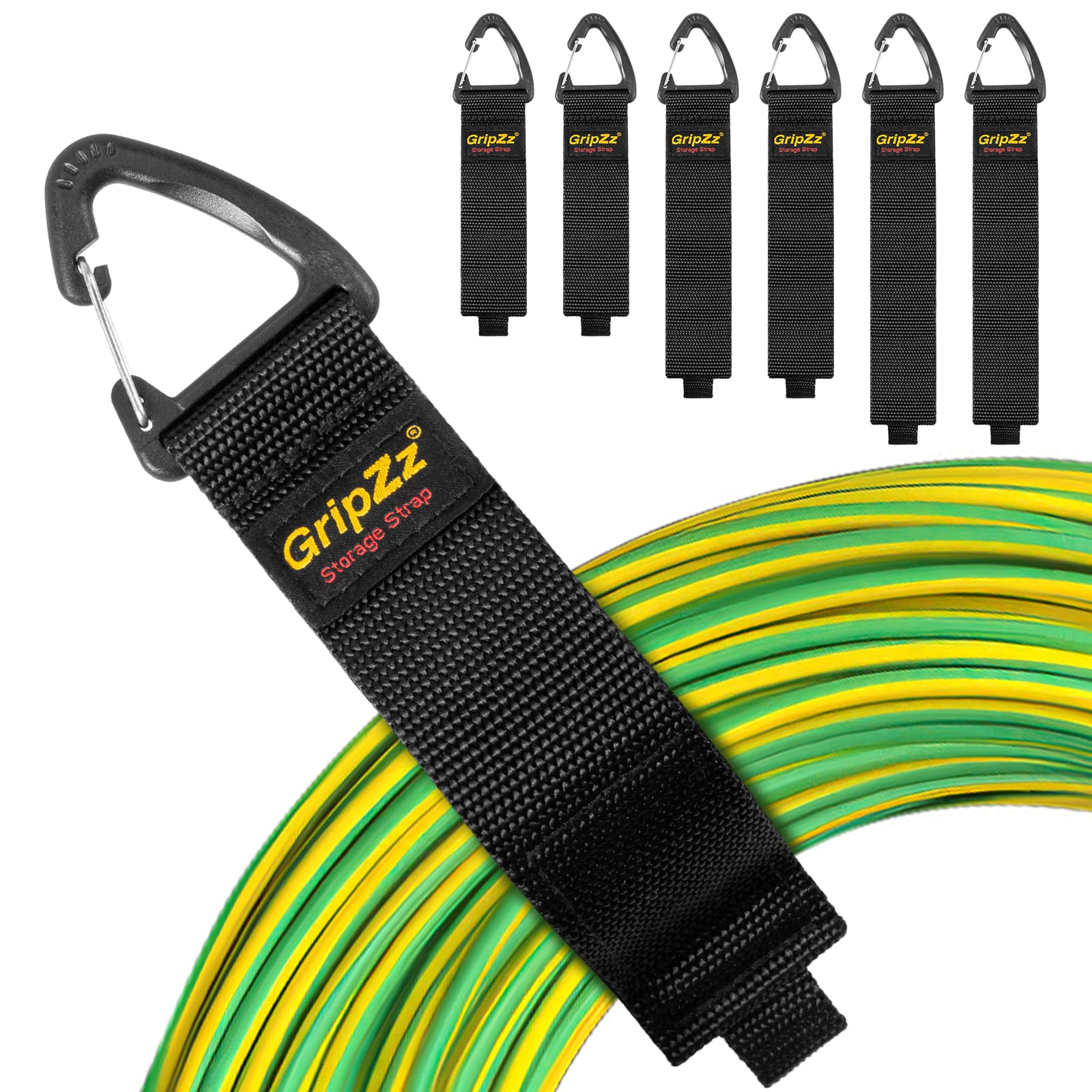 GripZz Storage Strap with Cable Tie and Triangle Hooks for Storing Extension Cables, Wire Hoses, Ropes for Organizing Home, Garage (2S, 2M, 2L)