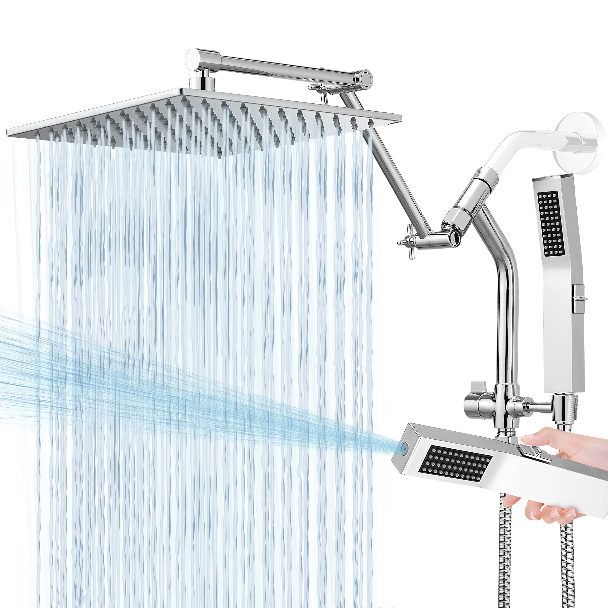 Photo 1 of All Metal 10 Inch Rain Shower Head with Handheld Built-in Power Wash Mode, High Pressure Waterfall Rainfall Square Shower Heads with 16" Adjustable Extension Arm, Dual Showerhead(Chrome)