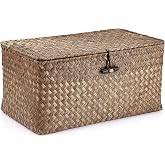 Hipiwe Wicker Shelf Baskets Storage Bin with Lid Handwoven Seagrass Basket | Rectangular Household Basket Boxes for Shelf Wardrobe Home Organizer, Coffee Medium