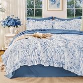 Litanika Blue Floral Queen Size Comforter-7 Piece Ruffle Bedding | Vintage Floral, Cute Ruffle, Cottage Farmhouse Bed in a Bag, Soft Fluffy for All Season, Girls Women
