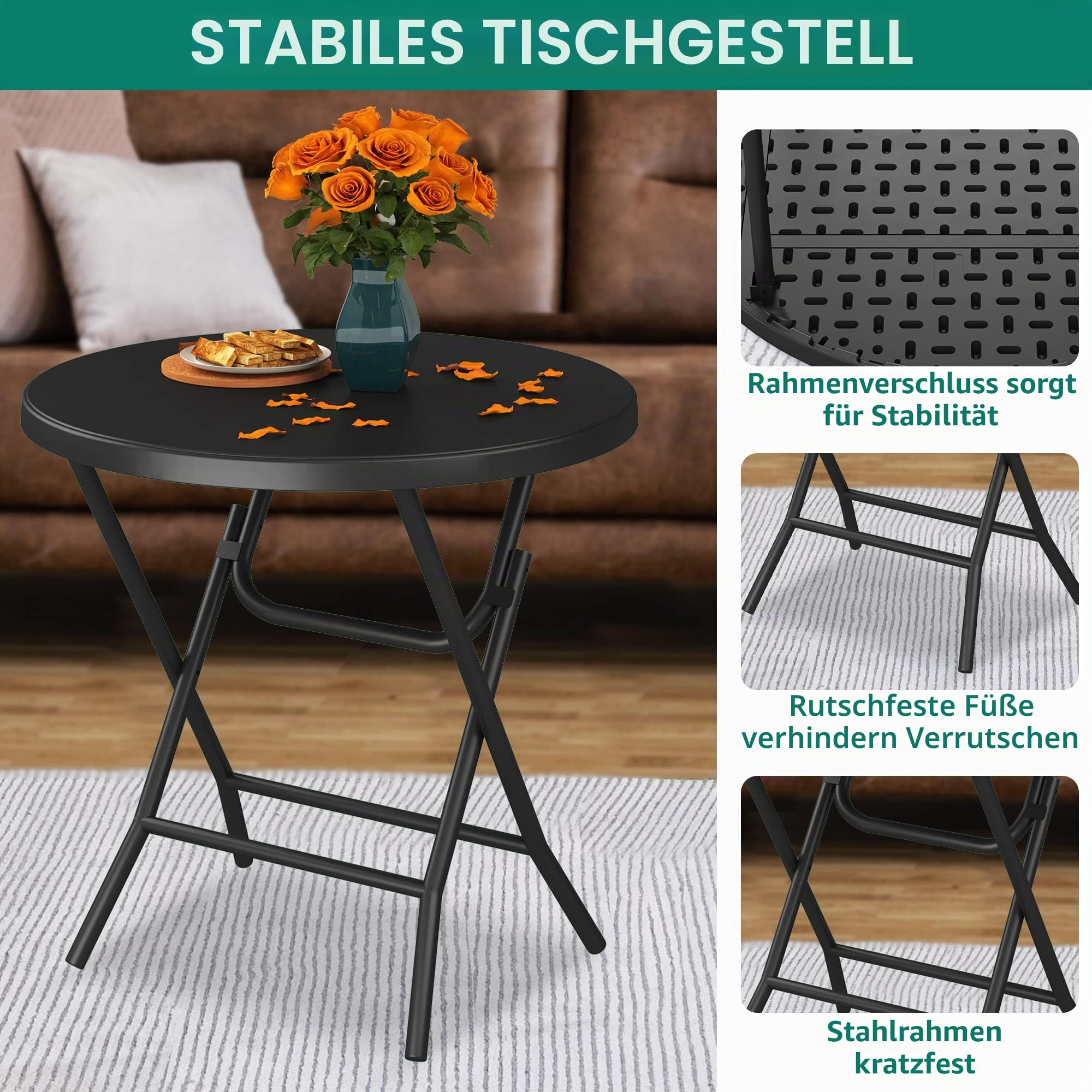 YITAHOME 80cm Gartentisch, Runder Klapptisch, Balkontisch Klappbar, Campingtisch Wetterfest für Outdoor Party Strand BBQ, mit Rostfreie Metallrahmen, 80 x 80 x 74cm, Schwarz 4