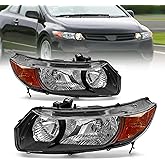 AXLAHA for 2006-2011 Honda Civic 2 Door Headlights Black Pair | Fit 06 07 08 09 10 11 Honda Civic 2 Door Coupe Black Halogen,W/O bulbs, OE 33151-SVB-A01/33101-SVB-A02