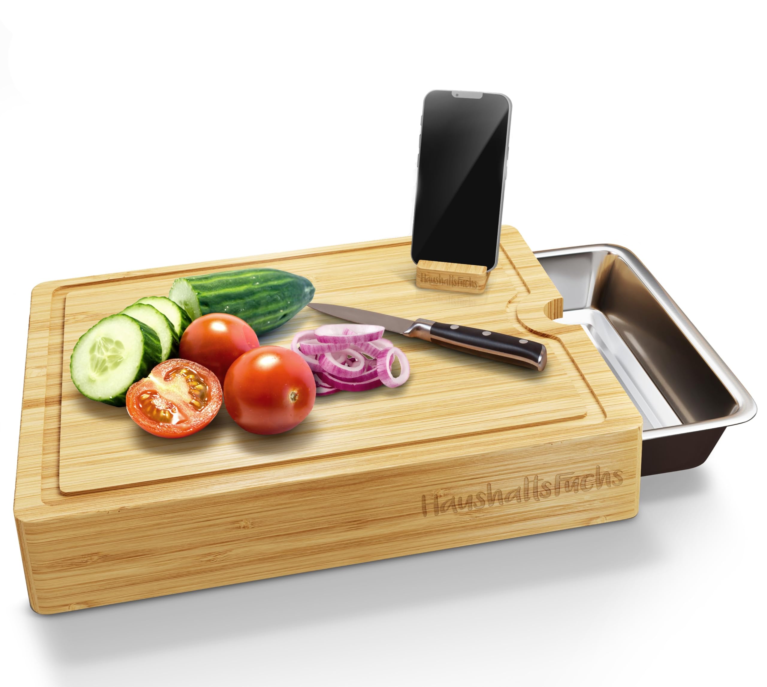 HaushaltsFuchs® Premium 100% FSC® Bamboo Chopping Board with Large Collection Tray, Mobile Phone Holder & Juice Groove - XXL Wooden Kitchen Board with Stainless Steel Collection Container - Board with