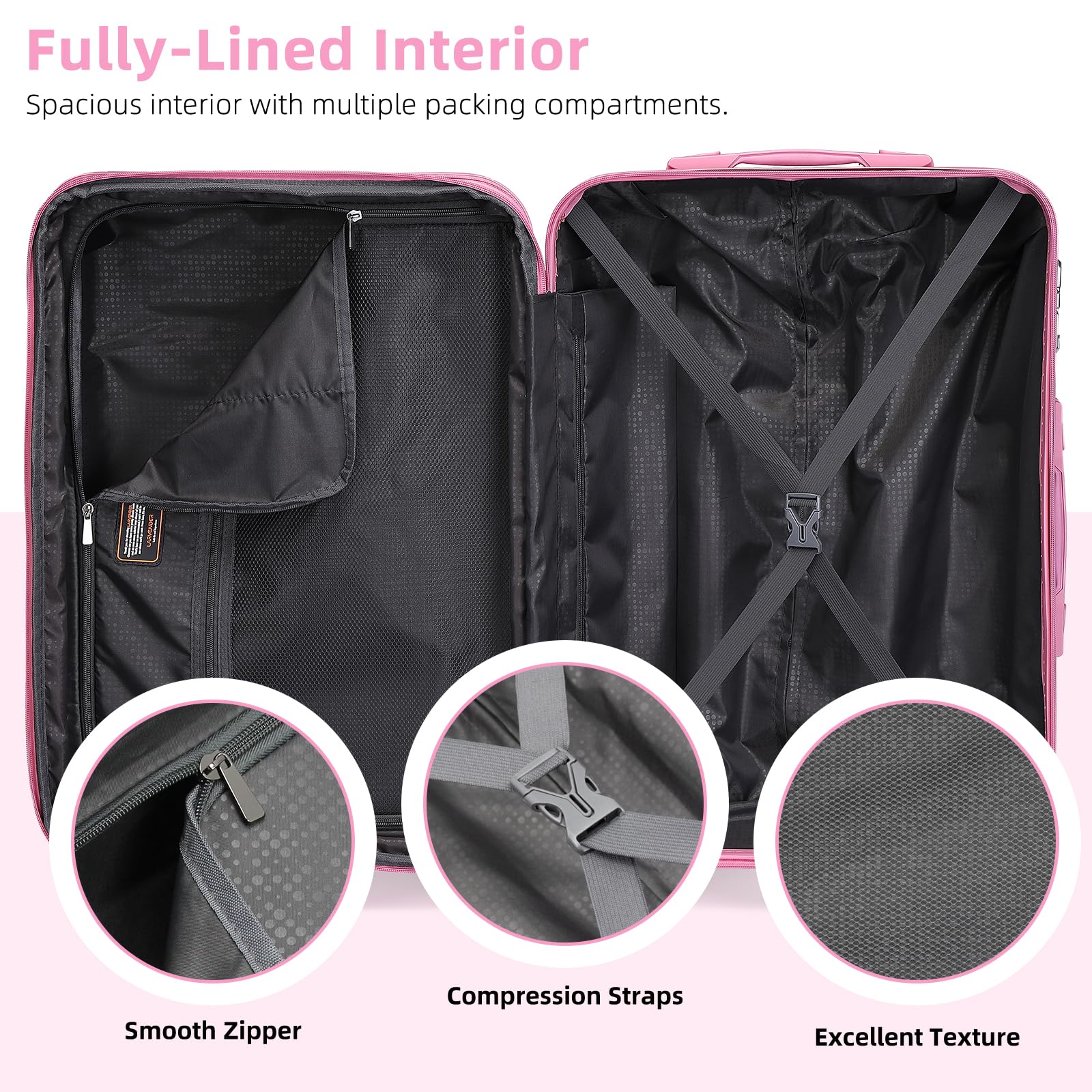 LARVENDER Luggage Sets 3 Piece, 20 Inch Carry on Luggage 22x14x9 Airline Approved Hardside PC+ABS Suitcase Set with Spinner Wheels TSA Lock, Lightweight Luggage Set for Women, Peach Sparkling