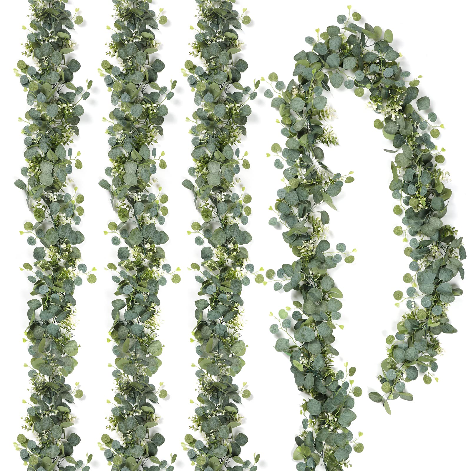 Photo 1 of TOCHGREEN 2 PCS Artificial Eucalyptus Garland 5.9FT Faux Silver Dollar Greenery Garland Vines with White Flower Boxwood Fake Hanging Plants for Wedding Home Party Table Mantle Wall Decor