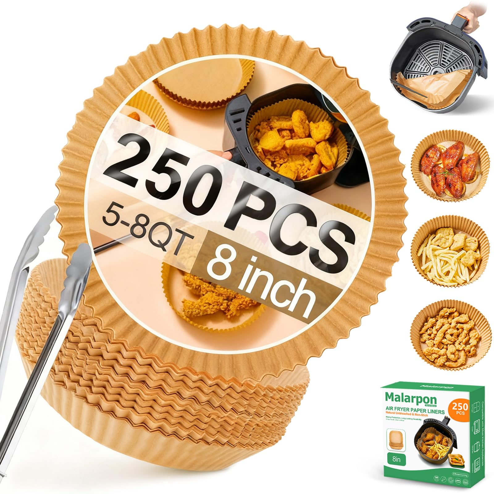 Photo 1 of 250 Pcs Air Fryer Liners Disposable 8 Inch Round – Non-Stick Oil-Resistant Air Fryer Paper Liners for 5–8 QT Baskets – Parchment Paper Liners for Air Fryer, Oven, and Microwave Use