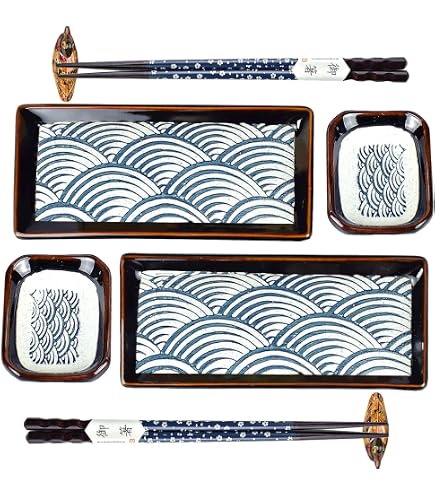 Happy Sales Set Da Sushi 6 Pezzi In Gres Verde Oceano - 2 Piatti Rettangolari 20x13cm, 2 Coppette Salsa, 2 Paia Bacchette - Fatto A Mano In Giappone