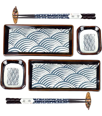 Happy Sales Set Da Sushi 6 Pezzi In Gres Verde Oceano - 2 Piatti Rettangolari 20x13cm, 2 Coppette Salsa, 2 Paia Bacchette - Fatto A Mano In Giappone