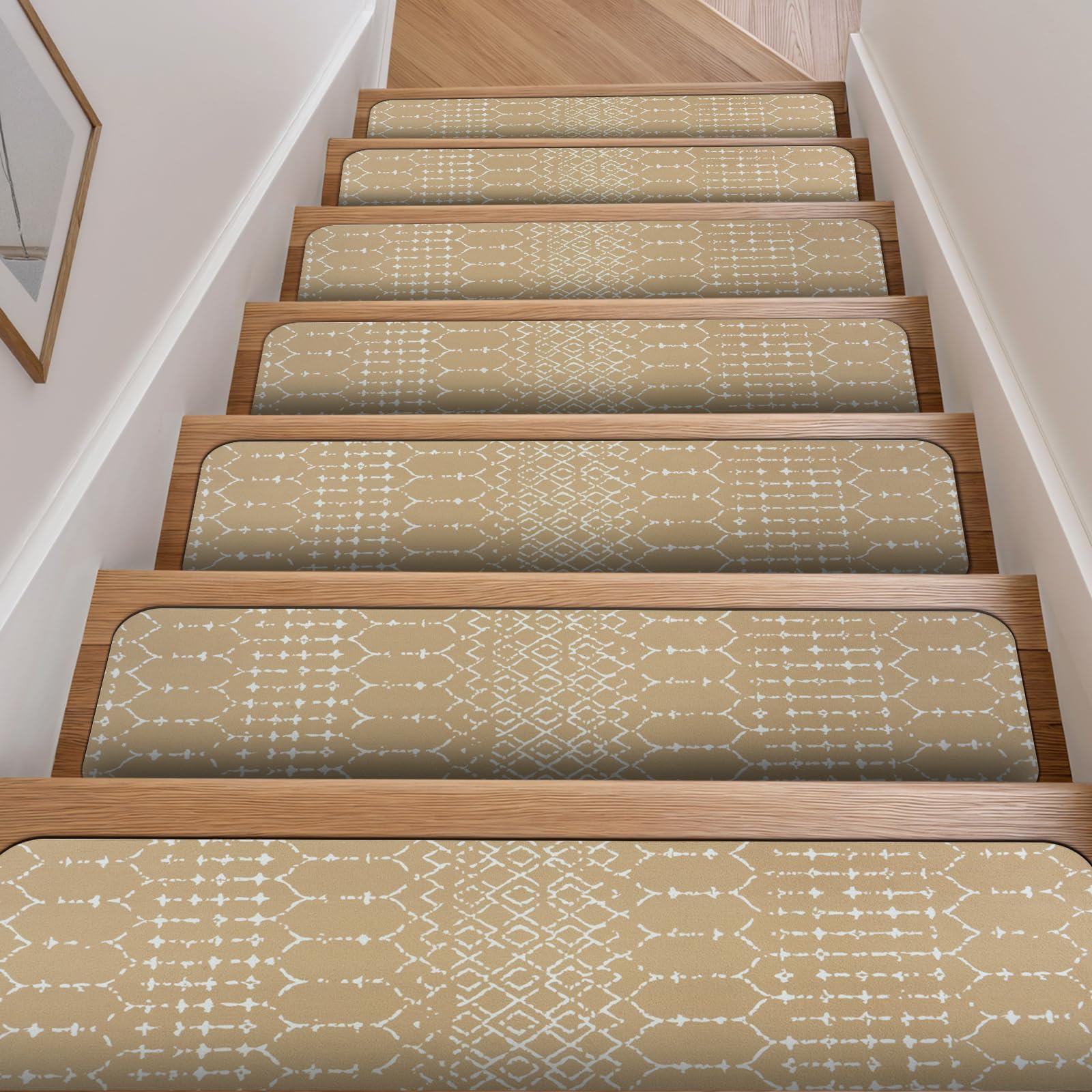 Photo 1 of OJIA Stair Treads for Wooden Steps Indoor Non-Slip Carpet Stair Treads 15PCS, Stair Runner Rubber Backing Carpet Treads for Wood Stairs, Safety Rugs for Kids Elders Pets, Stair Covers, Beige