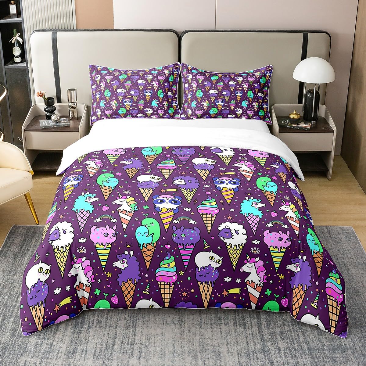 Cartoon Ice Cream Bedding Set Cute Ice Cream Panda Unicorn Cotton Duvet Cover Set Single Size Chic Colorful Comforter Cover Set for Kids Boys Girls Soft Cotton Bedspread Cover Room Decor Bedcothes