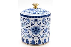 Small Vintage Blue and White Porcelain Salt Cellar with Lid Ceramic Salt Holder Container for Countertop, Airtight Spice Jar,
