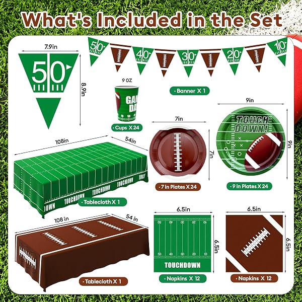 FOOTBALL PARTY DECORATIONS KIT FOR 24 GUESTS – 99PCS TABLEWARE WITH DINNER PLATES, DESSERT PLATES, CUPS, NAPKINS, TABLECLOTH & BANNER, SUPPLIES AND FAVORS FOR BIRTHDAY, TAILGATE, GAME DAY (FOOTBALL)
