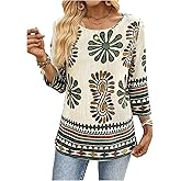 OYOANGLE Women's Crew Neck 3/4 Sleeve Top Boho Floral Casual Dressy Fashion Work Blouse