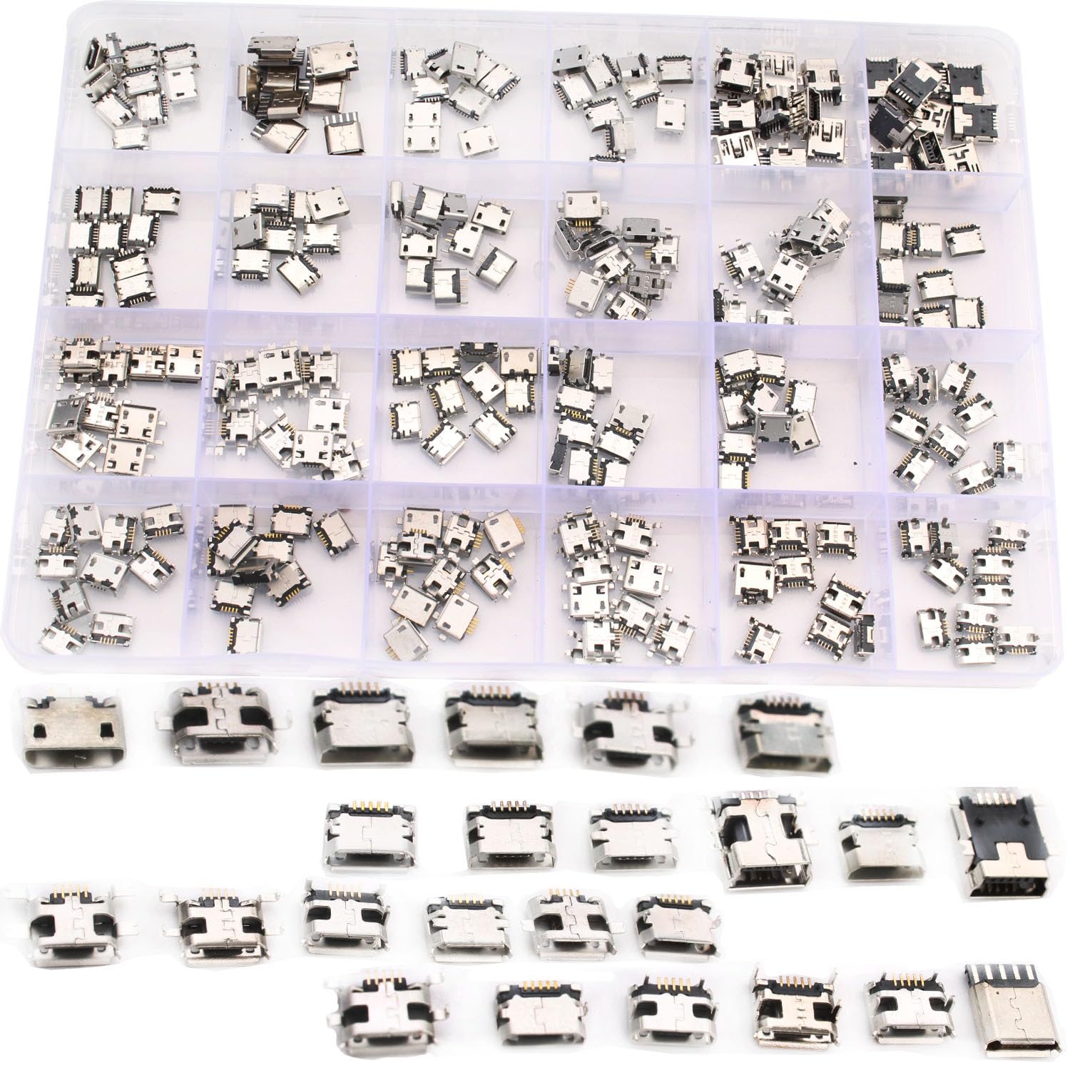 RUNCCI-YUN 240PCS 24 Types Micro USB Sockets Kit Jack Plug Connector,Micro USB Type B Soldering,USB-B Repair Replacement Adapter Assortment Set for Phone,Toy,Circuit Board Solder Dip SMD SMT