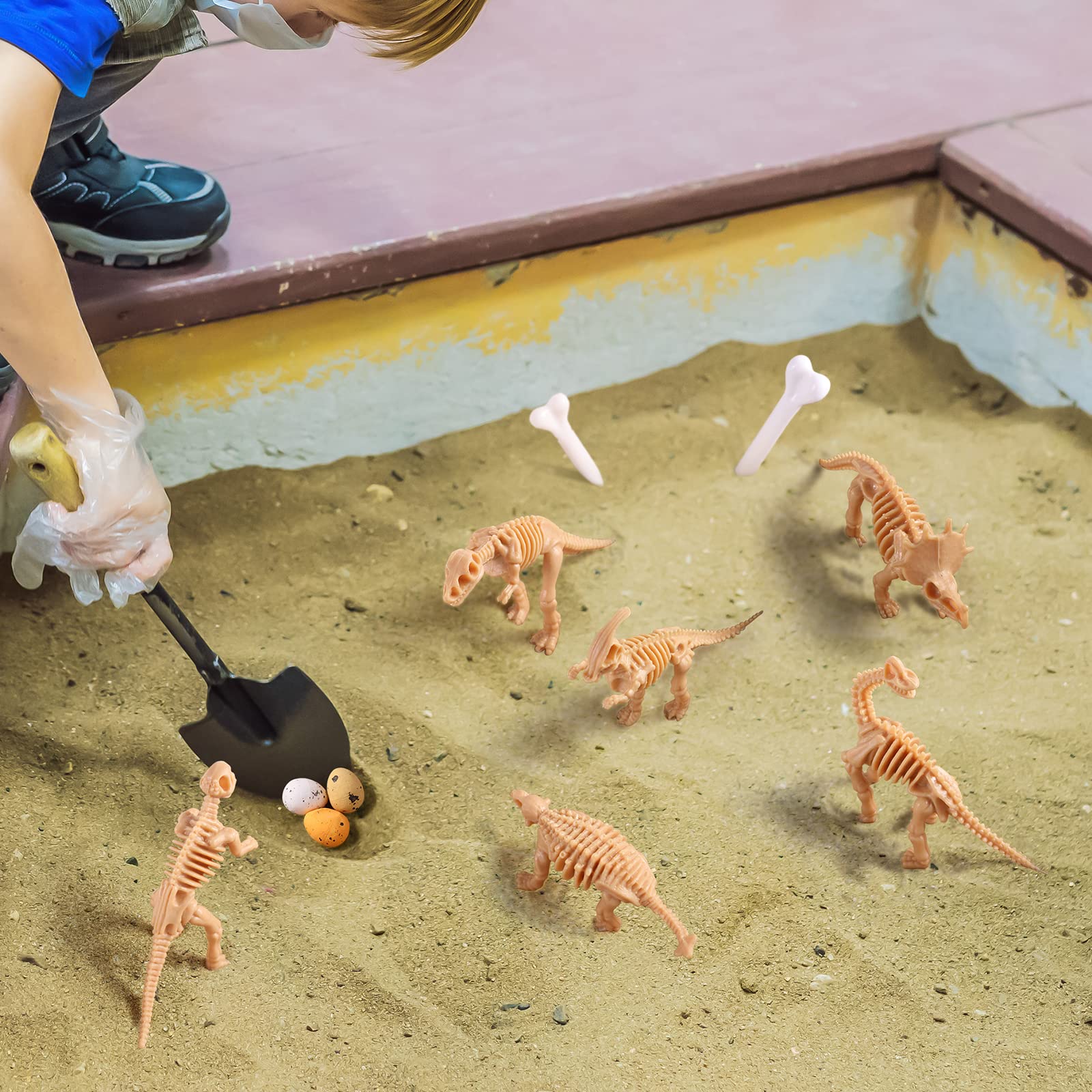 24 Pcs Dinosaur Fossil Skeleton Dino Bones Sand Dig Colorful Foam Dinosaur Eggs and 4 White Plastic Bones Toys for Kids Science Play Dino Sand Halloween Party Decor Supplies(Light Brown)