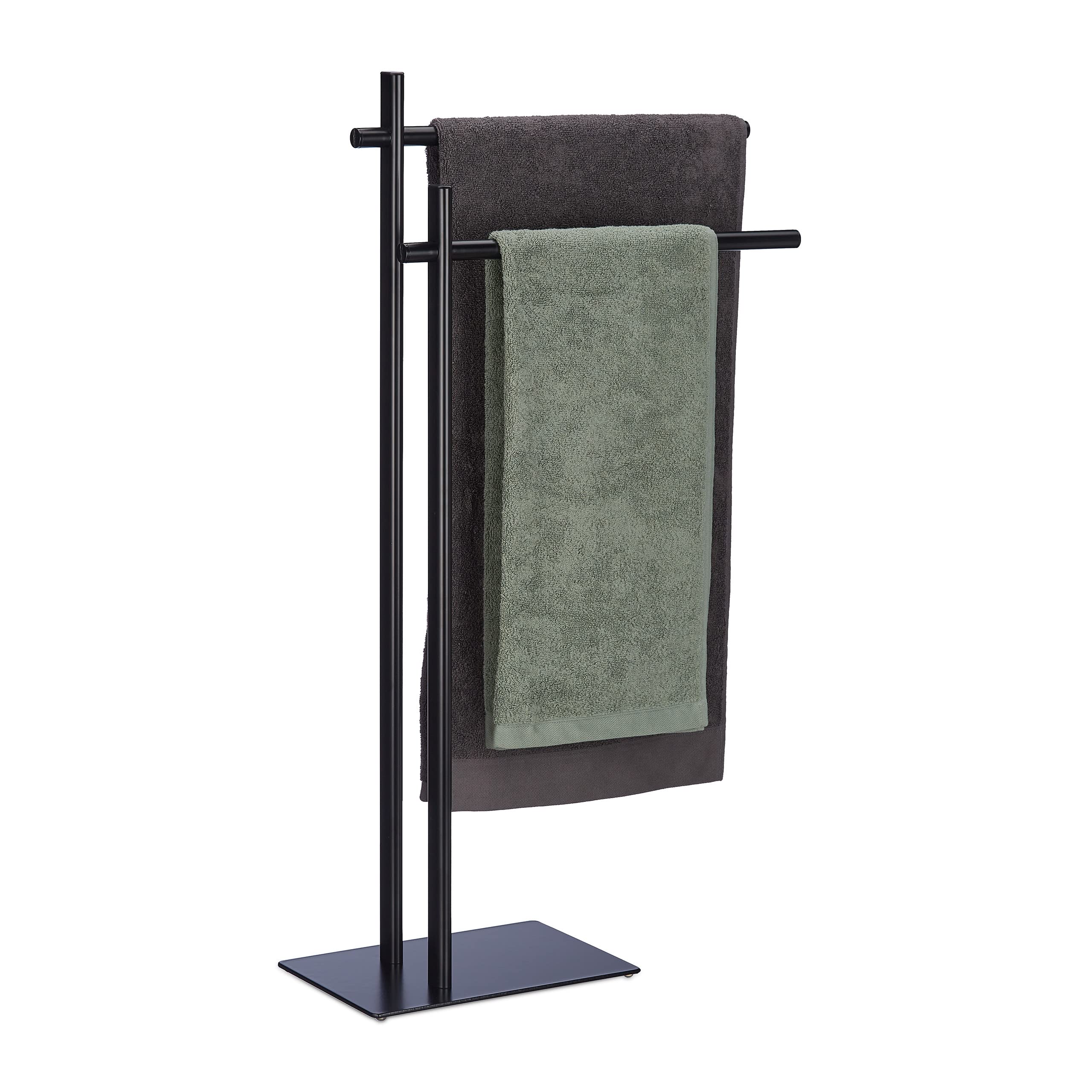 Relaxdays Free-Standing Towel Holder, HxWxD: 87.5 x 51 x 20 cm, 2 Rails, Drying Stand in Industrial Style, Steel, Black
